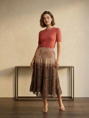 Le Chateau Vintage Bohemian Brown Earth Tone Ombre Crushed Velvet Lace Trim Sz L